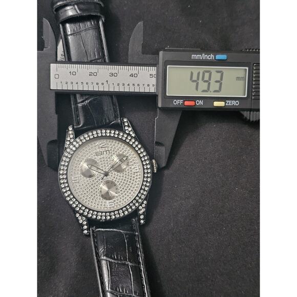 49.3mm Men\'s Quartz Analog Rhinestone Bezel Watch Black genuine Leather band main image 4